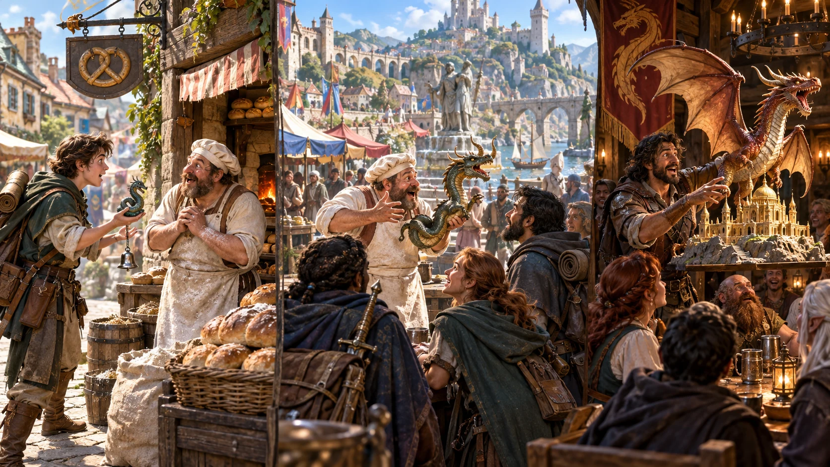 Illustrative courier, baker and traveller passing a growing story between audiences.